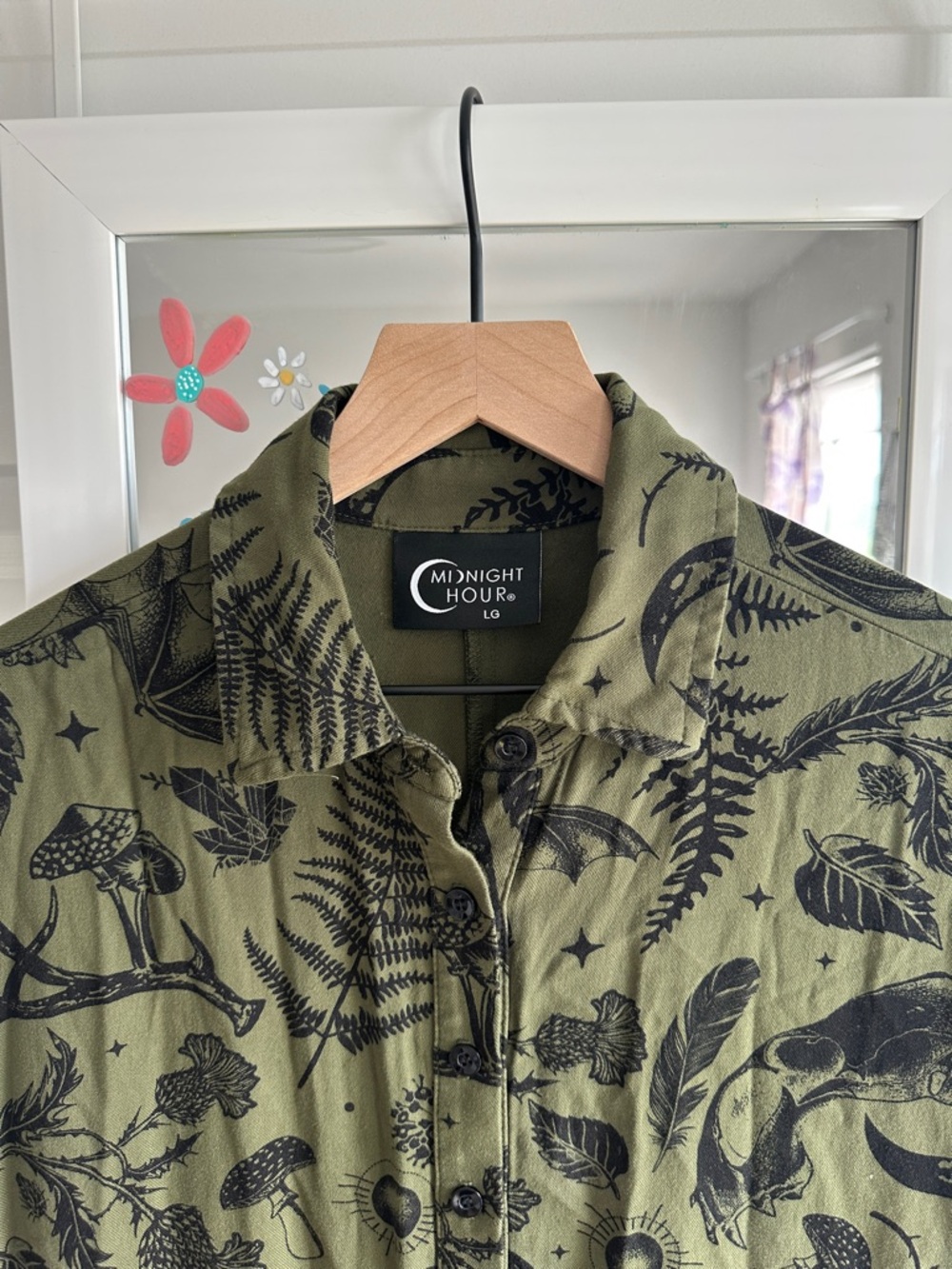 Crescent Moon Olive Green Button-Front Shirt Dress by Midnight Hour - Picture 4 of 9